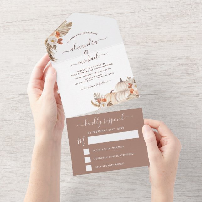 Invitation Tout En Un Mariage Citrouilles blancs Boho Terracotta RSVP (Déchirure)