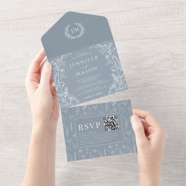 Invitation Tout En Un Mariage classique floral bleu Dusty (Déchirure)