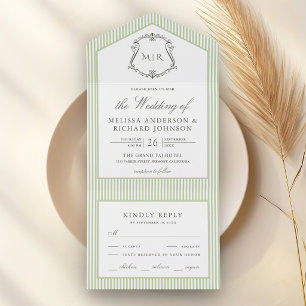 Invitation Tout En Un Mariage classique Monogramme de blason rayé vert s