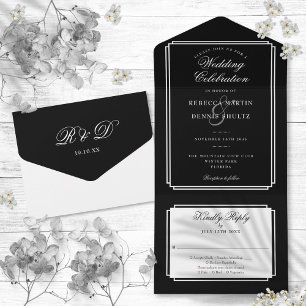 Invitation Tout En Un Mariage classique noir et blanc Deco Monogramme