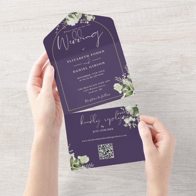 Invitation Tout En Un Mariage Code QR Arche Or de Verdure de Feuillage d (Déchirure)