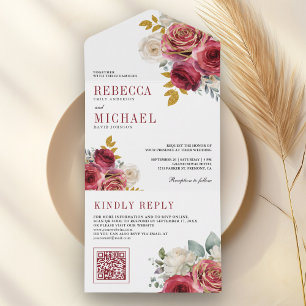 Invitation Tout En Un Mariage Code QR Fleurs Rouge Bourgogne