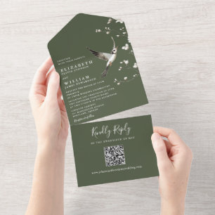 Invitation Tout En Un Mariage code QR floral chinoiserie vert olive