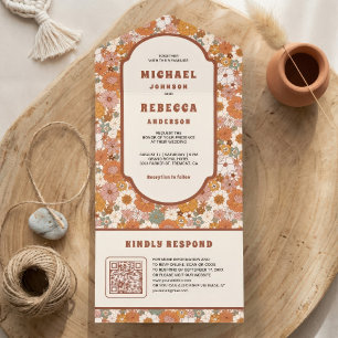 Invitation Tout En Un Mariage Code QR Floral Coloré Rétro 70's Groovy