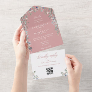 Invitation Tout En Un Mariage Code QR Floral Greenery Rose Poussiéreuse
