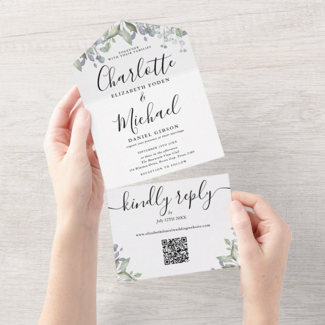 Invitation Tout En Un Mariage Code QR Floral Monogramme de Script  (Déchirure)
