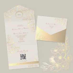 Invitation Tout En Un Mariage Code QR Floral Or et Ivoire