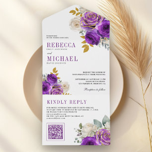 Invitation Tout En Un Mariage Code QR Floral Roses Violet Royal