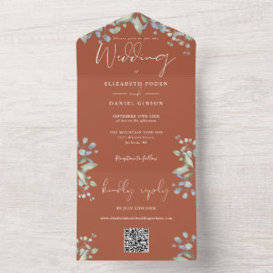 Invitation Tout En Un Mariage Code QR Floral Végétal Terracotta