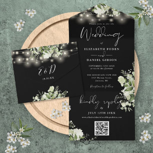 Invitation Tout En Un Mariage Code QR Lumières Florales Noir Et Blanc