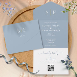 Invitation Tout En Un Mariage Code QR Monogramme Bleu Poussiéreux Et Or