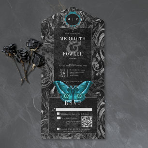 Invitation Tout En Un Mariage code QR Moth filigree gothique sarcelle no