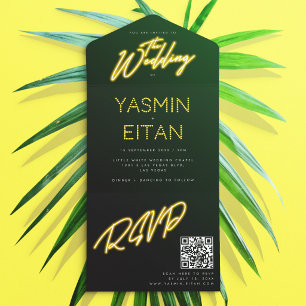Invitation Tout En Un Mariage Code QR Noir Jaune Lumières Néon