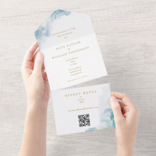 Invitation Tout En Un Mariage Code QR Pailleté Or Aquarelle Abstraite