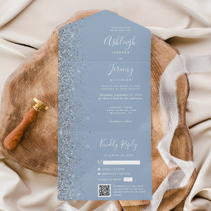 Invitation Tout En Un Mariage Code QR Paillettes Argent Bleu Poussiéreux