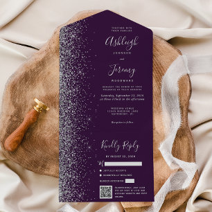 Invitation Tout En Un Mariage Code QR Paillettes Argent Violet Moderne