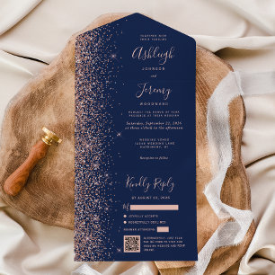 Invitation Tout En Un Mariage Code QR Paillettes Or Rose Bleu Marine