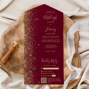 Invitation Tout En Un Mariage Code QR Paillettes Rouge Bourgogne Moderne