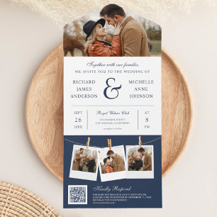 Invitation Tout En Un Mariage Code QR Photo Ampersand Bleu Marine Modern