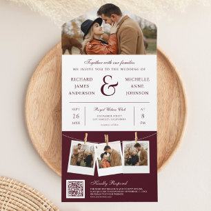 Invitation Tout En Un Mariage Code QR Photo Esperluette Bourgogne Modern