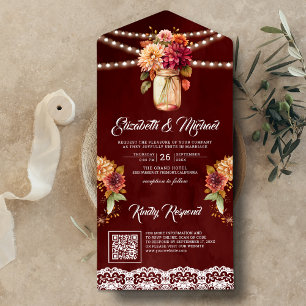 Invitation Tout En Un Mariage Code QR Pot Mason Dahlia Automne Bourgogne
