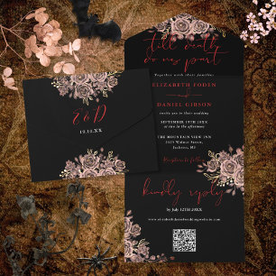 Invitation Tout En Un Mariage Code QR Roses Gothiques Noir Et Rouge