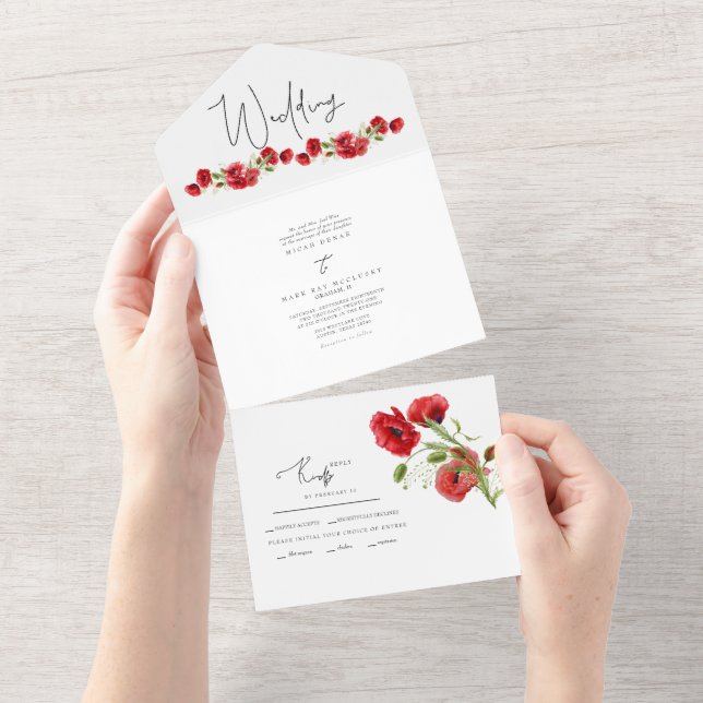 Invitation Tout En Un Mariage coloré rouge floral hiver II (Déchirure)