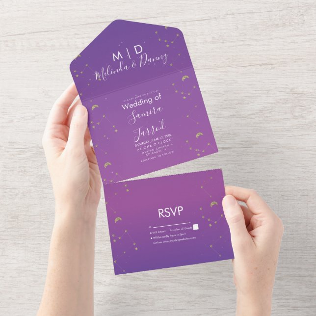 Invitation Tout En Un Mariage Constellation Or Ombre Violet (Déchirure)