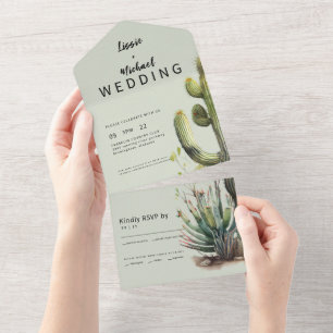 Invitation Tout En Un Mariage contemporain Sage Cactus