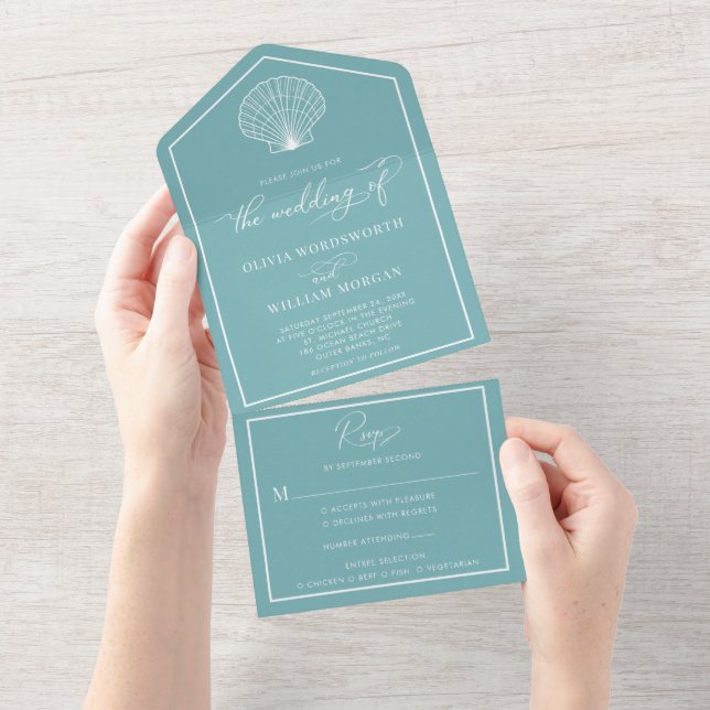 Invitation Tout En Un Mariage côtier de plage Turquoise clair (Déchirure)
