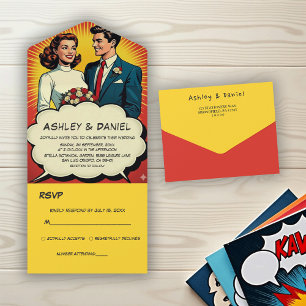 Invitation Tout En Un Mariage Couple Romantique Rétro de Style Comic Vin