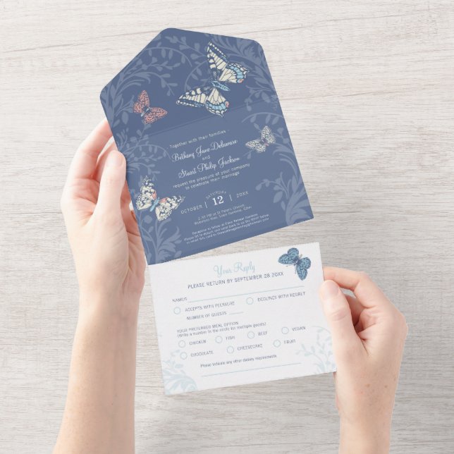 Invitation Tout En Un Mariage crème papillons tourbillons tourbillon RSV (Déchirure)