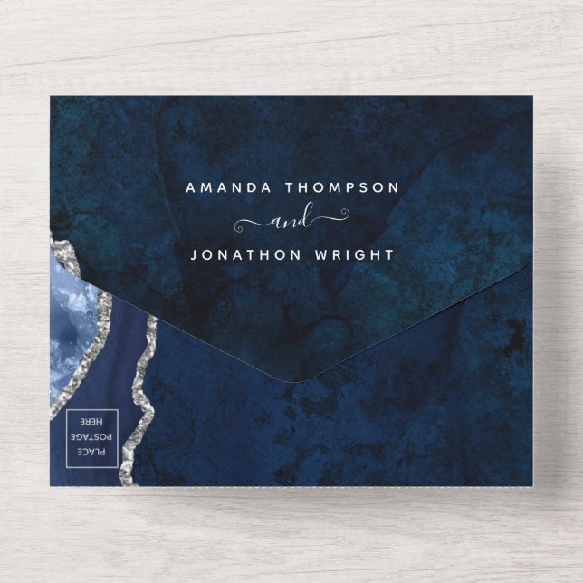 Invitation Tout En Un Mariage d'âge bleu marine et argent (Verso)