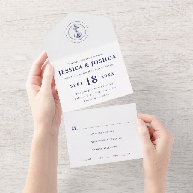 Invitation Tout En Un Mariage d'Ancres nautiques bleu marine (Déchirure)