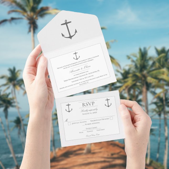 Invitation Tout En Un Mariage d'Ancres nautiques simple | Blanc (White Nautical Anchor Wedding All in One Invitation)