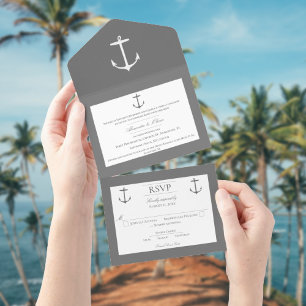 Invitation Tout En Un Mariage d'Ancres nautiques simple   Gris