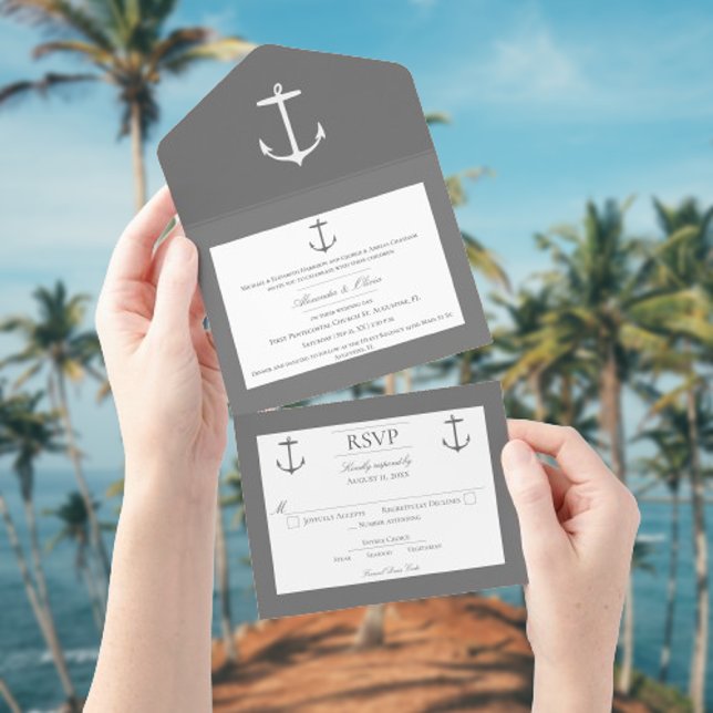 Invitation Tout En Un Mariage d'Ancres nautiques simple | Gris (Gray Nautical Anchor Wedding All in One Invitation)