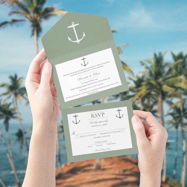 Invitation Tout En Un Mariage d'Ancres nautiques simple | Sage Green (Sage Green Nautical Anchor Wedding All in One Invitation)