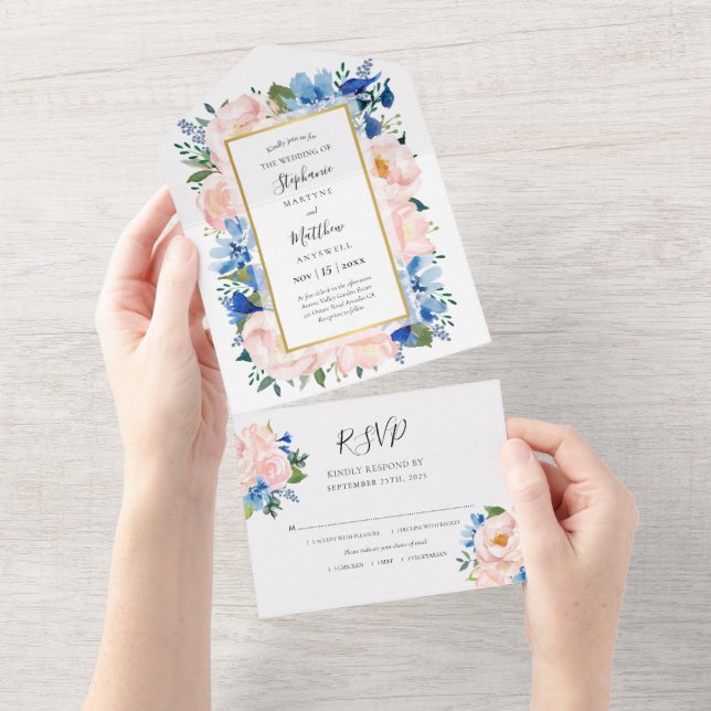 Invitation Tout En Un Mariage d'aquarelle couleur rose pâle bleu (Déchirure)