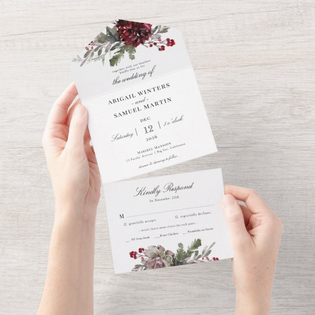 Invitation Tout En Un Mariage d'aquarelle de Noël Floral Greenery (Déchirure)