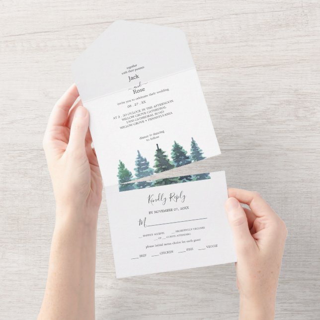Invitation Tout En Un Mariage d'aquarelle d'hiver (Déchirure)