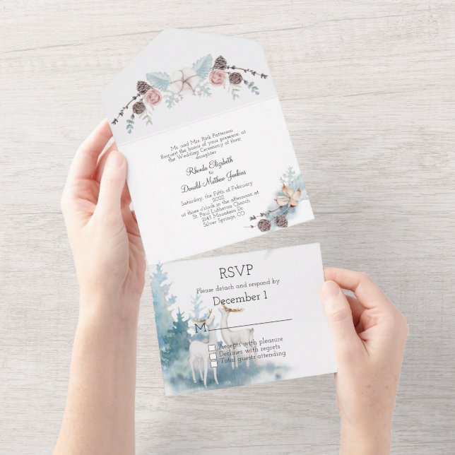 Invitation Tout En Un Mariage d'aquarelle du cerf et du feuillage d'hive (Déchirure)