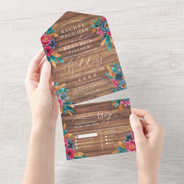 Invitation Tout En Un Mariage d'aquarelle en bois rustique (Déchirure)