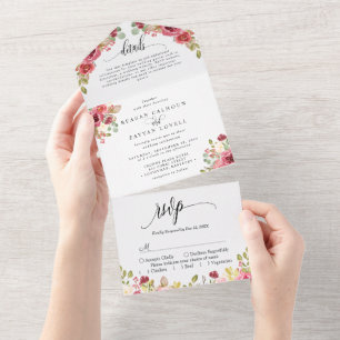 Invitation Tout En Un Mariage d'aquarelle florale de Merlot rouge