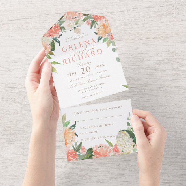 Invitation Tout En Un Mariage d'aquarelle florale de printemps de Peach (Déchirure)