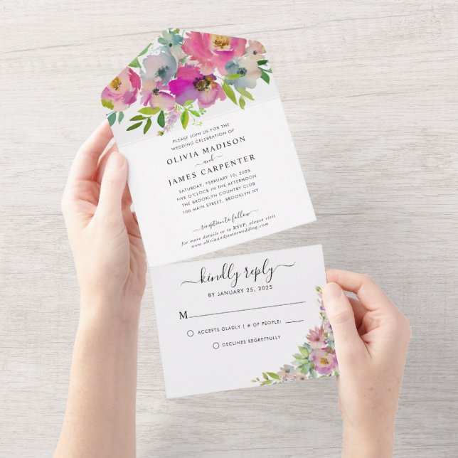 Invitation Tout En Un Mariage d'aquarelle florale rose-rose moderne (Déchirure)