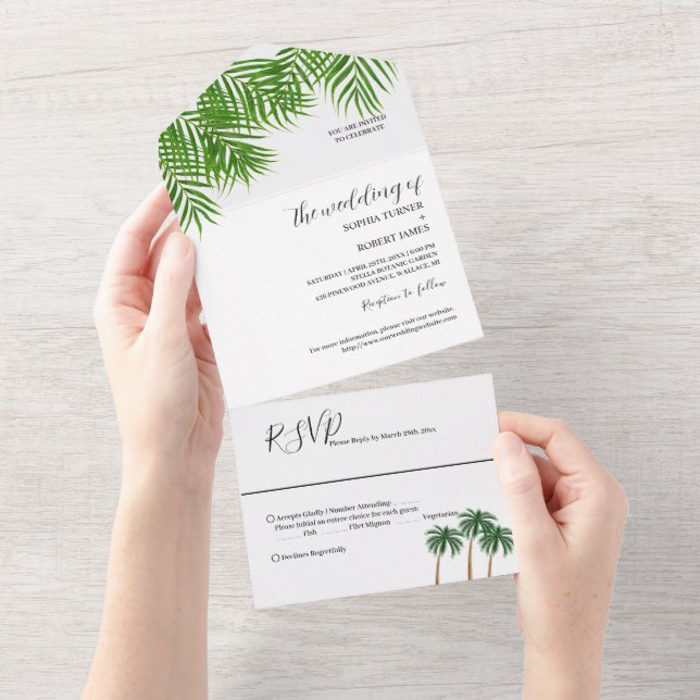 Invitation Tout En Un Mariage d'aquarelle moderne Palm Tree (Déchirure)