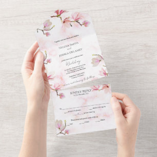 Invitation Tout En Un Mariage d'aquarelle rose Magnolia
