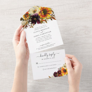 Invitation Tout En Un Mariage d'aquarelle rouge tournesol rustique