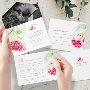 Invitation Tout En Un Mariage d'aquarelle rouge vert eucalyptus